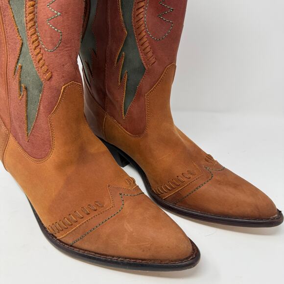 Vintage Circle S Western Cowboy Boots Brown Leather Green Inlay Pointed Toe 10 - Picture 3 of 8